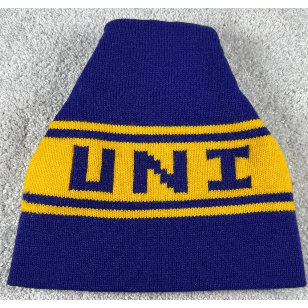Northern Iowa Panthers UNI Winter Hat Vtg SPELL OUT Both sides ~ Purple Yellow